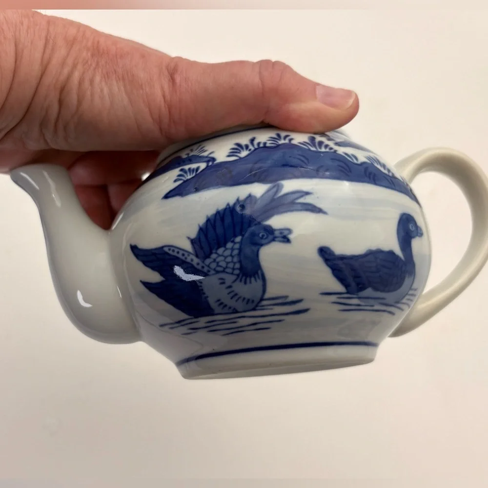 Vintage Blue and White Chinoiserie Ceramic Teapot with Ducks on Pond